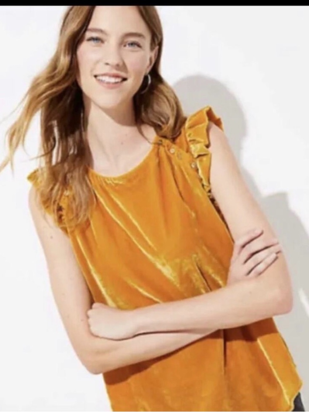 LOFT Velvet Ruffle-Sleeve Blouse- Mustard